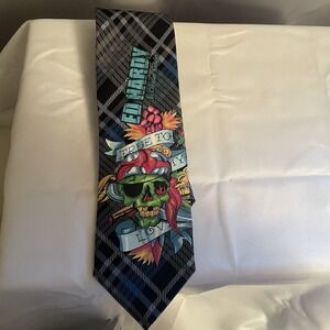 Ed Hardy Mens Tie Necktie All Silk Plaid Skull True to My Love Tattoo Art